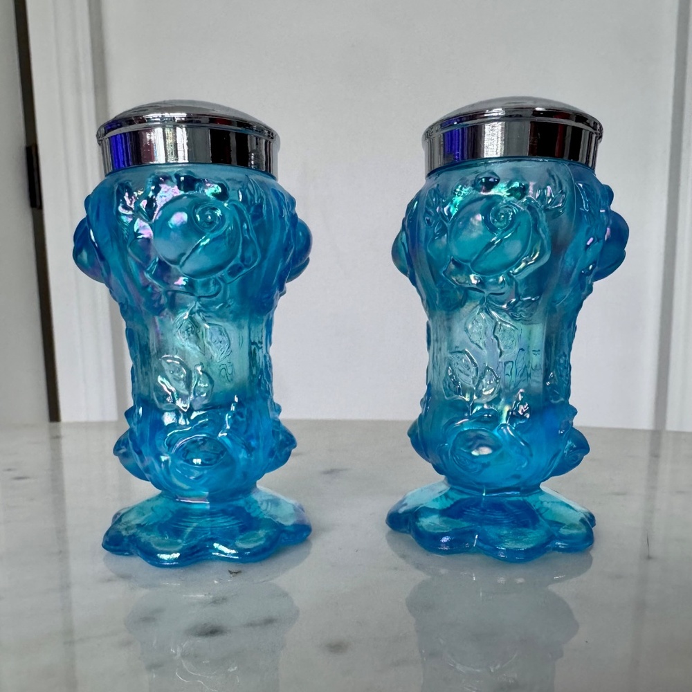 Vintage Fenton Aqua Blue Carnival Glass Cabbage Rose Salt and Pepper Shakers